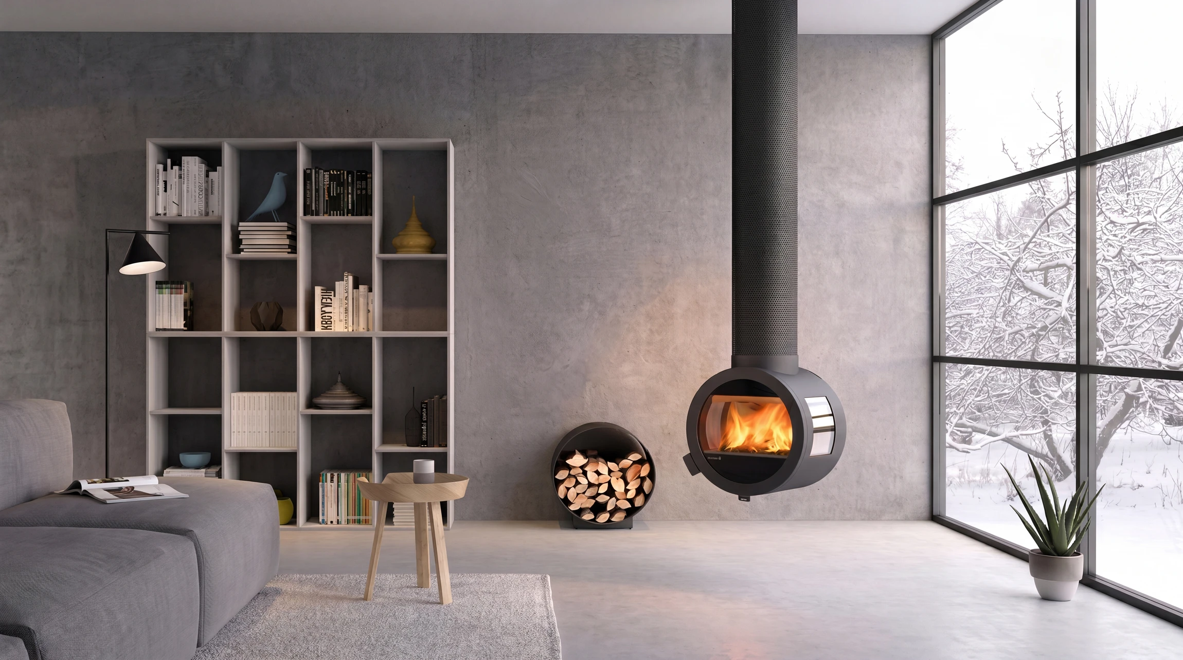 Barbecue design en acier Corten sur piédestal cylindrique avec rangement intégré pour bûches, posé sur terrasse en bois composite au bord d'une piscine à débordement